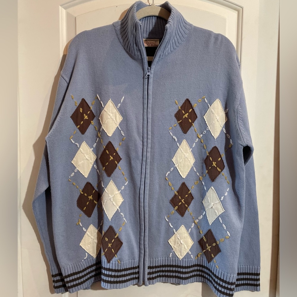 Vintage Edition Blue Brown Argyle Zip Cardigan XL